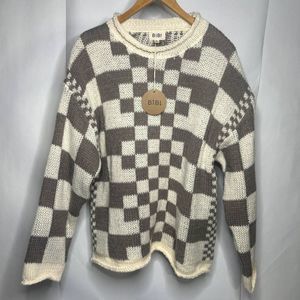 NWT Bibi Mixed Checkered Chunky Knitted Sweater Comfy Mocha Brown Beige Womens